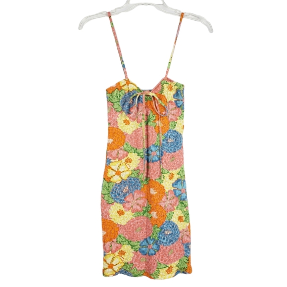 ZARA Mini Dress Retro 70s Floral Smocked Halter Ruched Summer Bodycon barbiecore - Picture 3 of 6